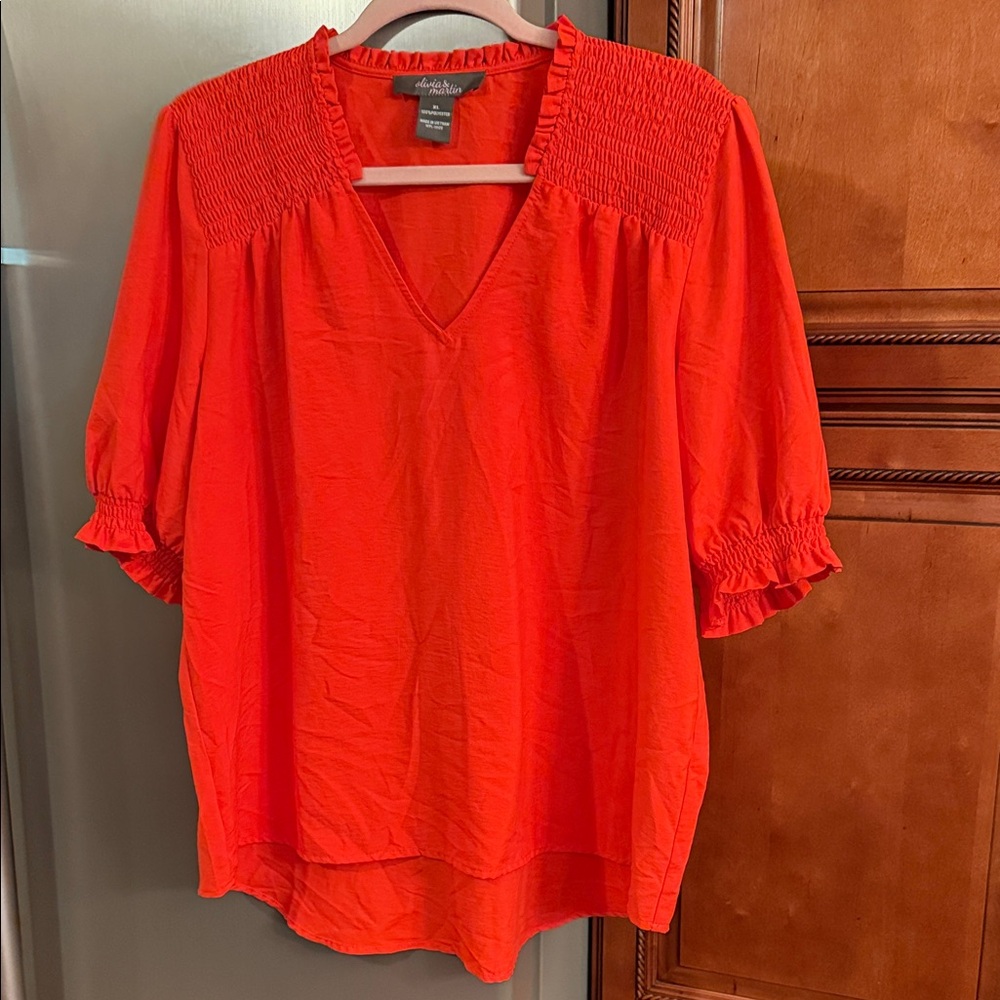 Anthropologie Bright Red Smocked Blouse